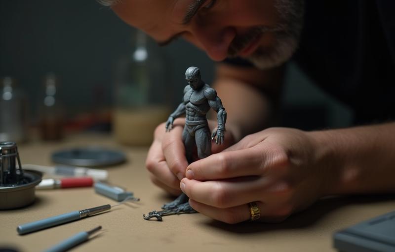 A team member meticulously working on a figure prototype