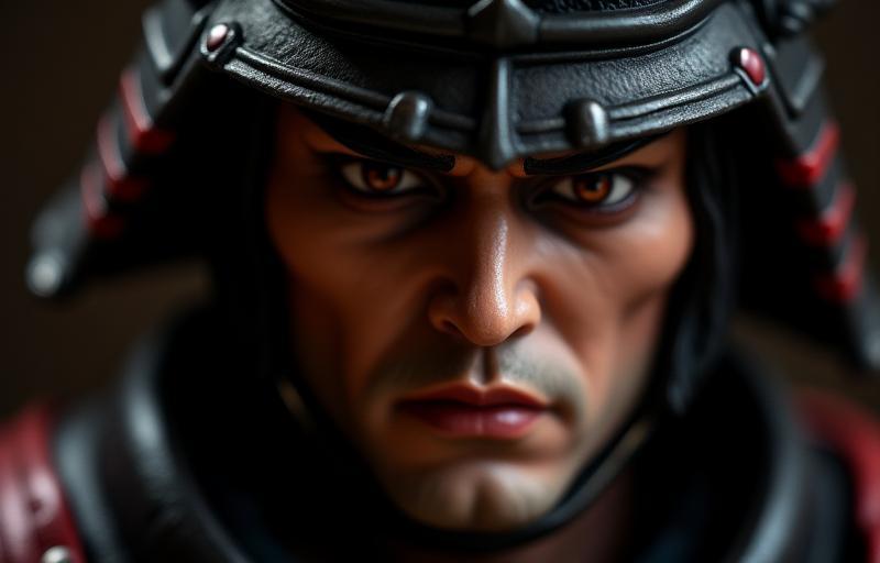 Close-up showing intricate details of the Crimson Samurai figure's face and expression