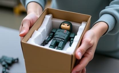 A figure being carefully placed into its retail packaging box