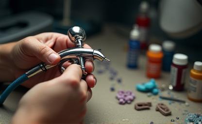 A craftsman airbrushing a figure part with paint