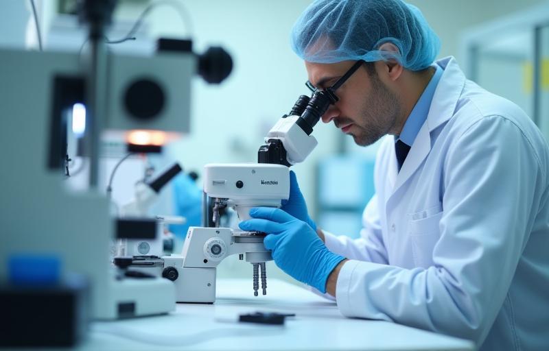 Technician performing a detailed inspection on a figure part in a lab setting
